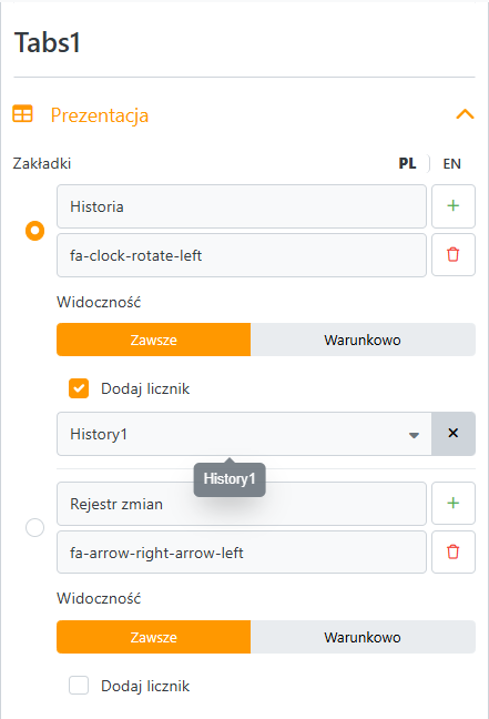 Widok konfiguracji paska zakładek