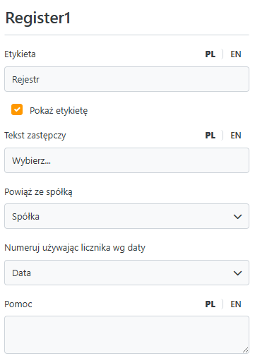 Konfiguracja pola rejestr