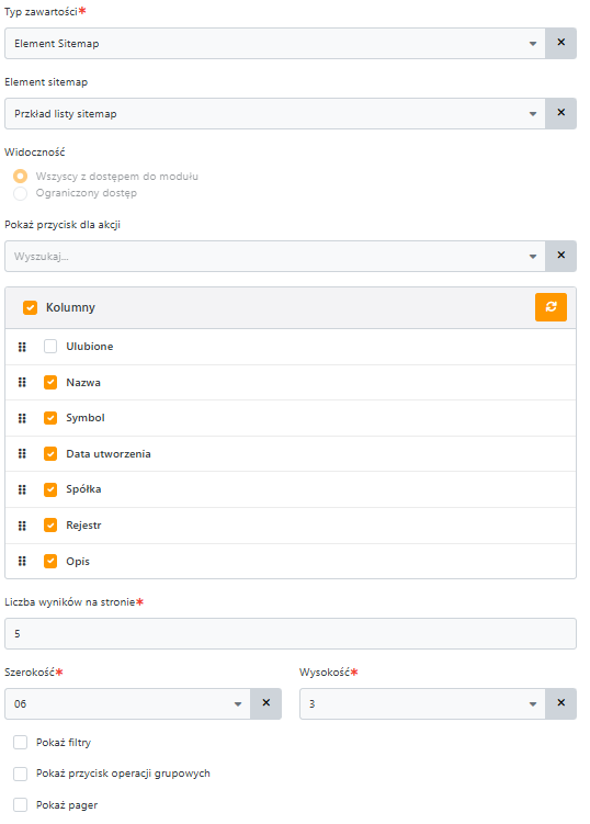 Przykład konfiguracji widgetu typu Element sitemap - Lista