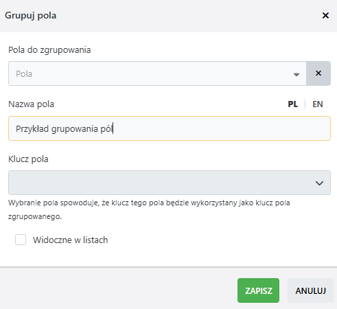Przykładowy formularz grupowania pól w systemie Logito