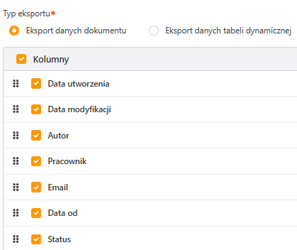 Wybór kolumn przy eksporcie danych dokumentu