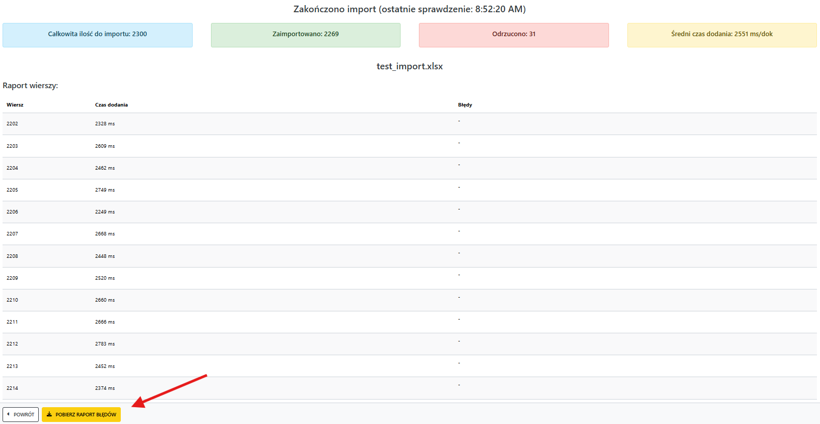 Widok zakończonego importu