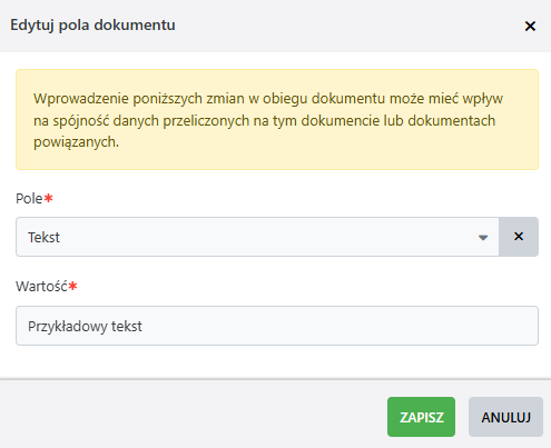 Formularz edycji pól dokumentu