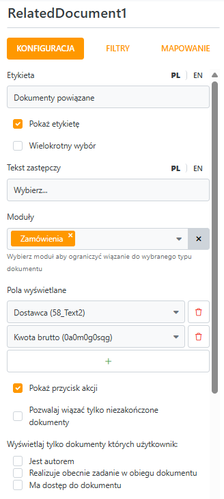 Przykładowa konfiguracja pola dokument powiązany 