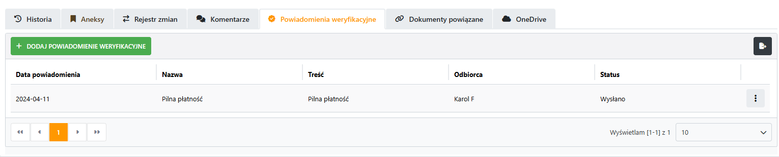 Przykład listy powiadomień weryfikacyjnych na szczegółach dokumentu