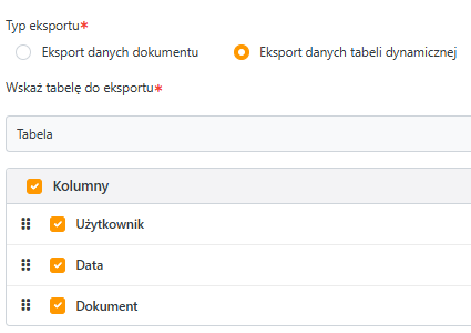 Wybór kolumn przy eksporcie danych dokumentu