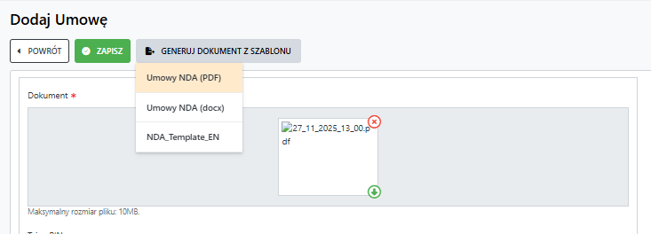 Przykład generowania szablonu podczas tworzenia dokumentu