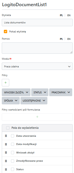 Widok konfiguracji pola lista dokumentów