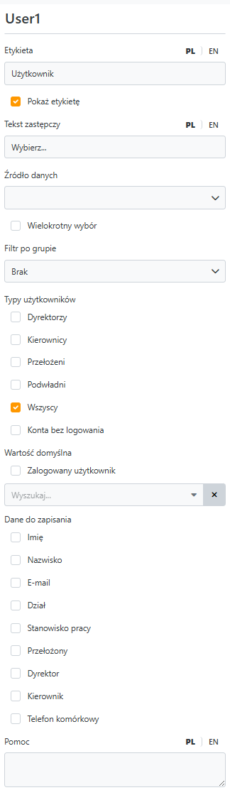 Przykładowa konfiguracja pola użytkownik