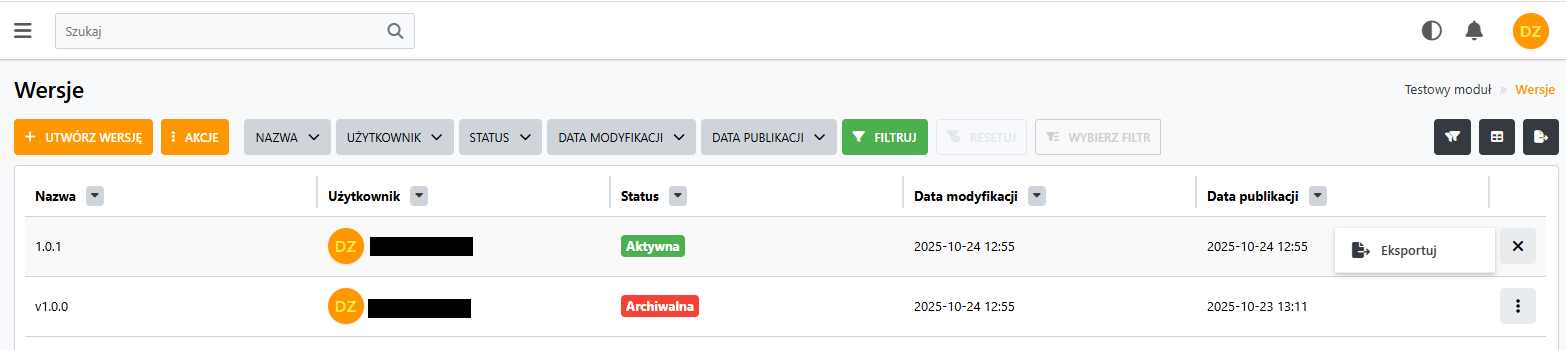 =1566x350 Widok akcji eksportu wersji