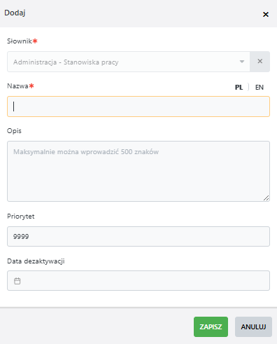 Formularz dodawania stanowiska pracy