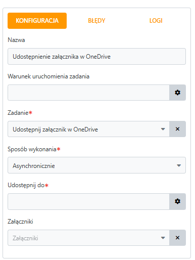 Konfiguracja Service Task - Udostępnij załącznik w OneDrive
