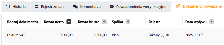=758x154 Widok przykładowej zakładki Dokumenty powiązane