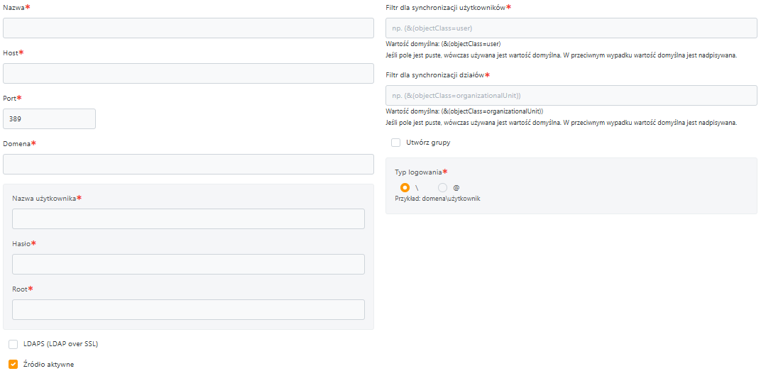 Formularz dodawania Źródła LDAP