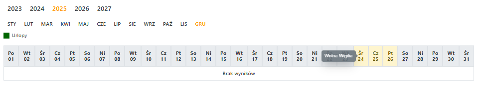 Widok dni wolnych w terminarzu 