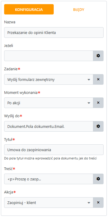 Konfiguracja Service Task - Wyślij formularz zewnętrzny