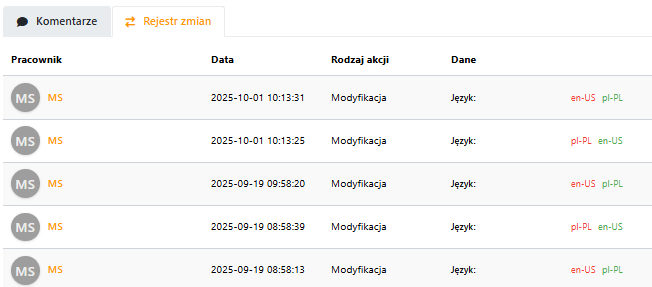 Rejestr zmian danych użytkownika