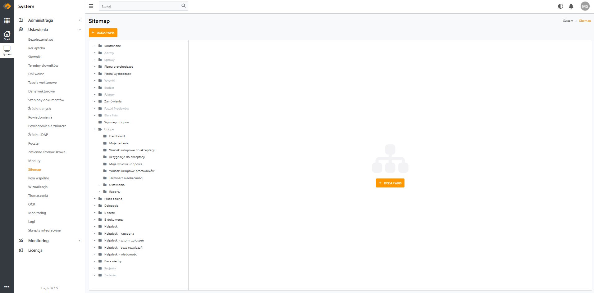 Widok zakładki "Sitemap" w systemie Logito