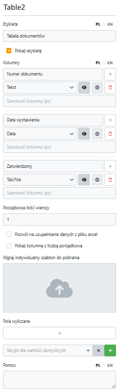 Przykładowa konfiguracja pola tabela