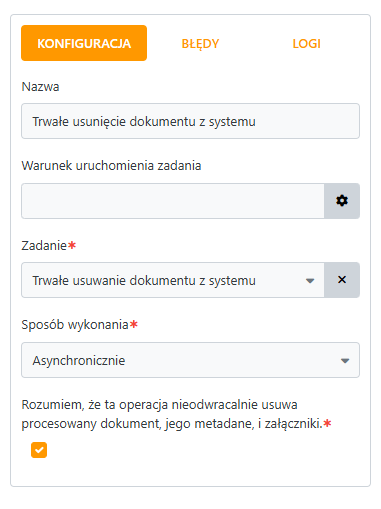 Konfiguracja Service Task - Trwałe usunięcie dokumentu z systemu