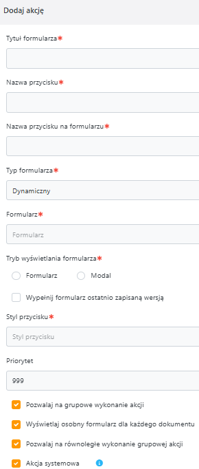 Podstawowy formularz dodawania akcji