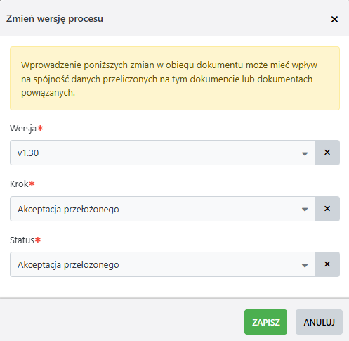 Formularz zmiany wersji procesu