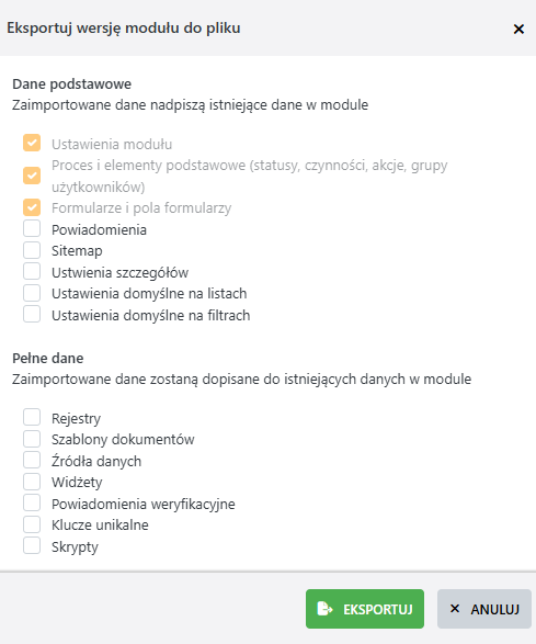 Formularz eksportu wersji modułu do pliku