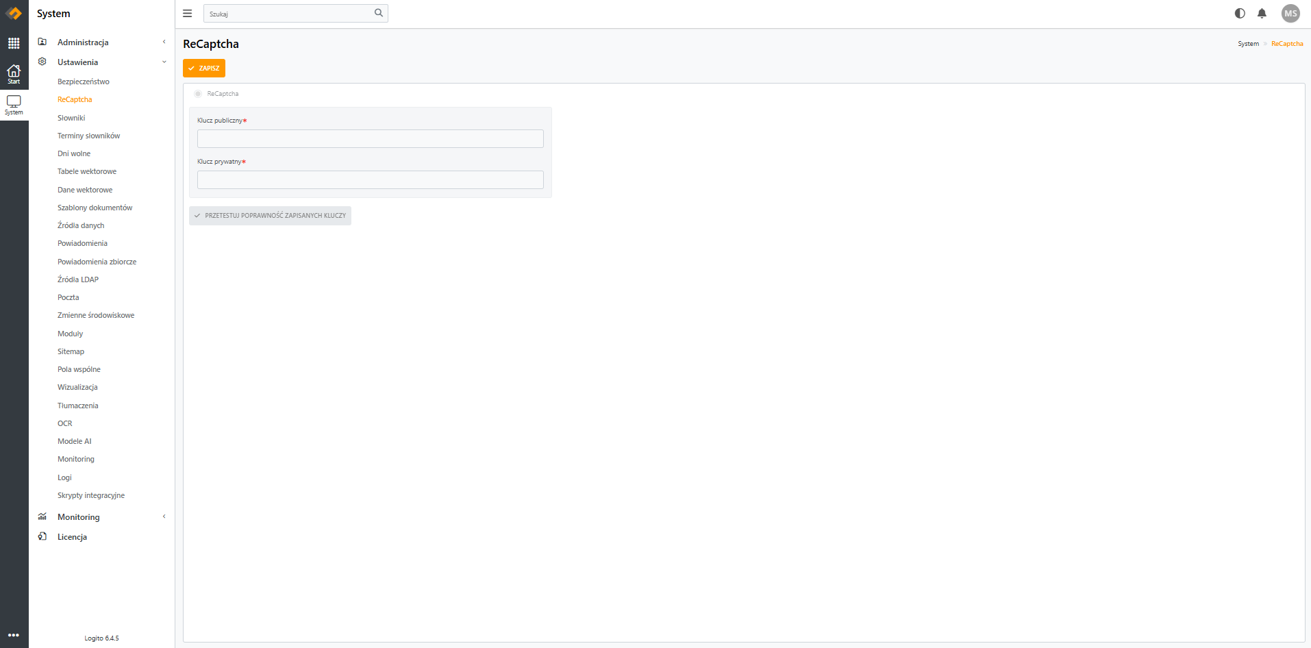 =1914x946 Widok zakładki "ReCaptcha" w systemie Logito