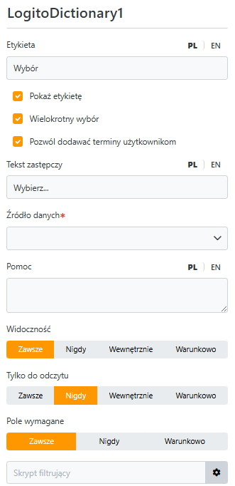 Przykładowa konfiguracja pola słownik Logito
