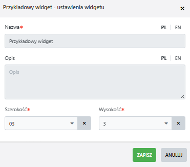 Formularz konfiguracji widgetu na Dashboard