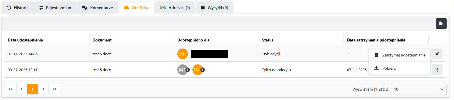 Widok przykładowej zakładki Dokumenty powiązane