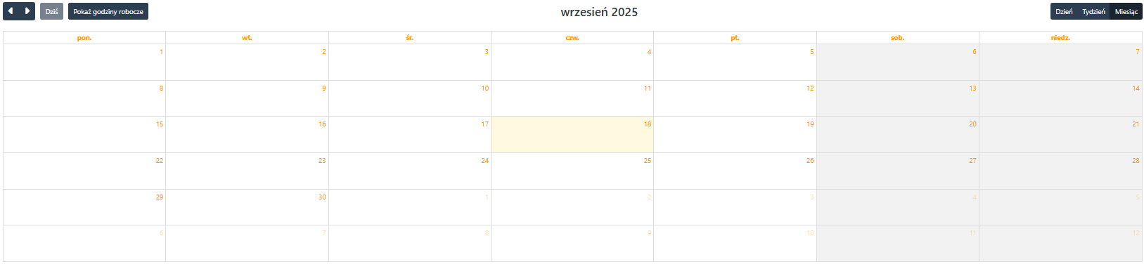 Przykład wyglądu kalendarza w miesięcznym widoku