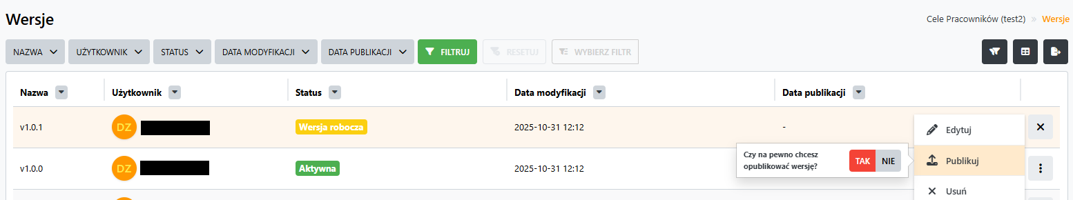 Widok publikowania wersji