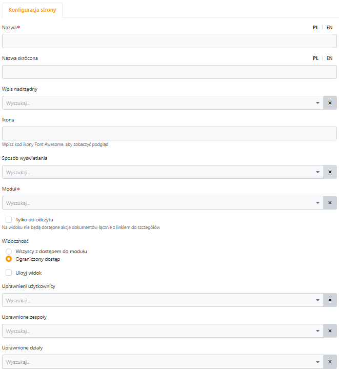 Formularz Konfiguracji strony Sitemap