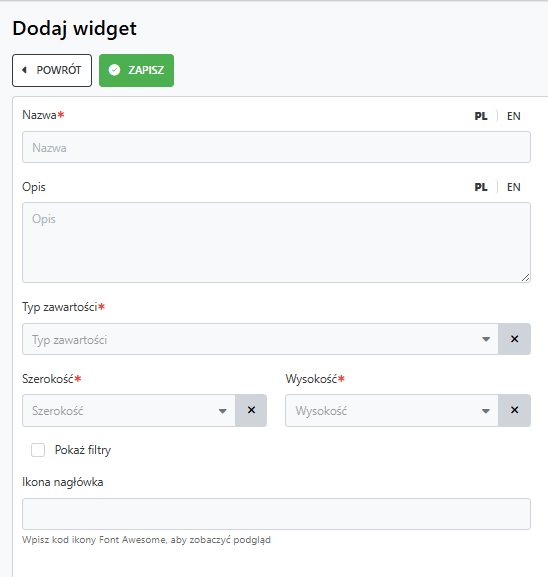 Przykładowy formularz dodania widgetu w systemie Logito
