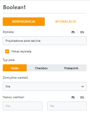 Przykład konfiguracji pola typu TAK/NIE 