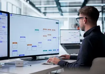 Pracownik biurowy analizujący oprogramowanie workflow na dwóch monitorach