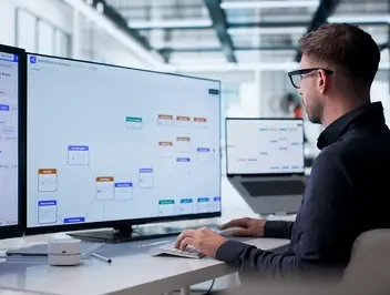 Pracownik biurowy analizujący oprogramowanie workflow na dwóch monitorach