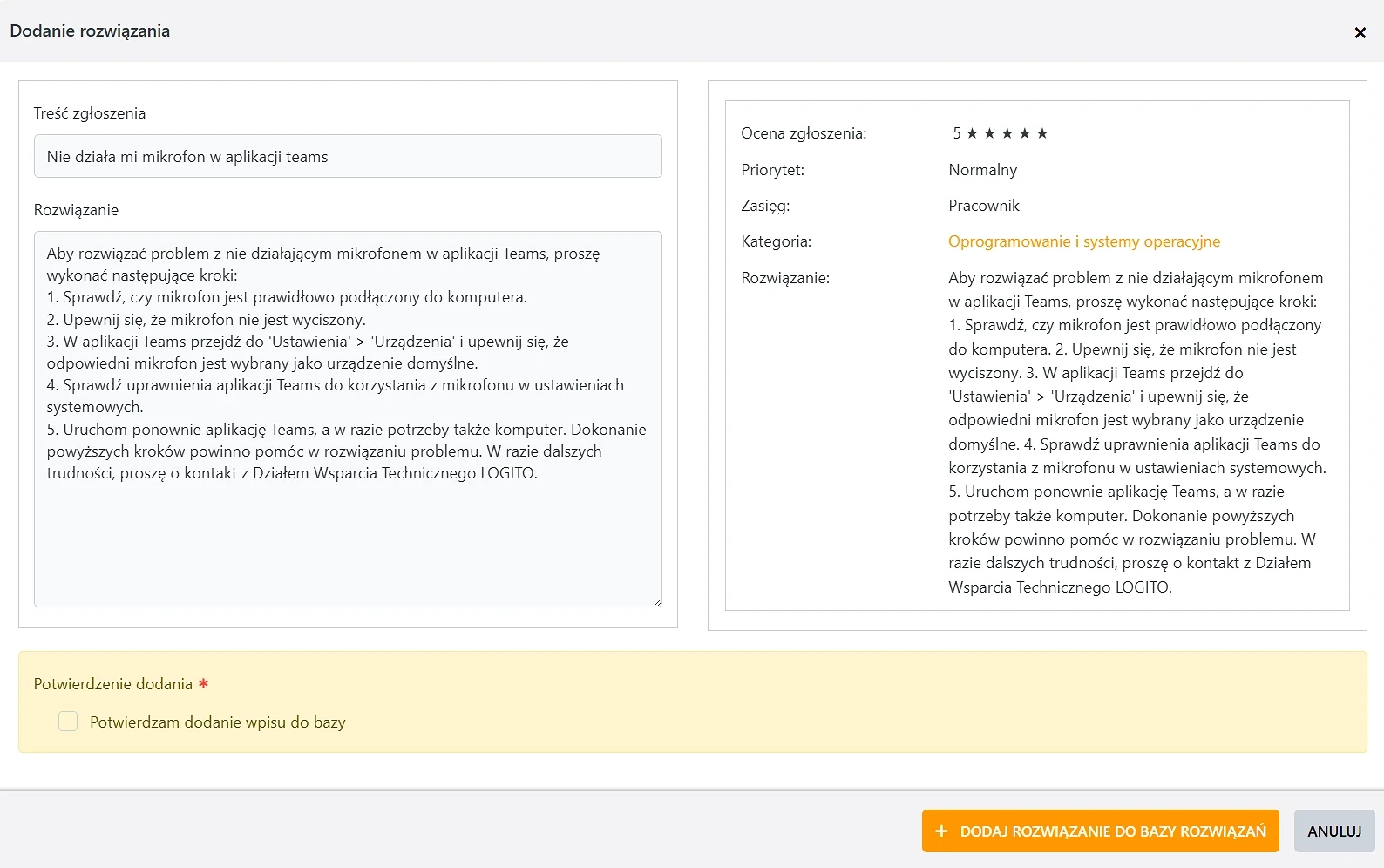 Widok ekranu pracownika helpdesk w LOGITO - dodawanie rozwiązania do bazy wiedzy AI