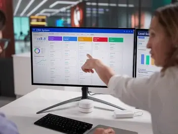 Kobieta i mężczyzna analizujący dane na monitorze z wykresami - cyfrowe zarządzanie dokumentacją pracowniczą i elektroniczne teczki HR.