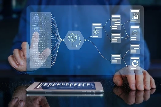 Dłoń wybierająca ikony na cyfrowym interfejsie pokazując Automatyczne walidatory oparte na AI (Regex AI)