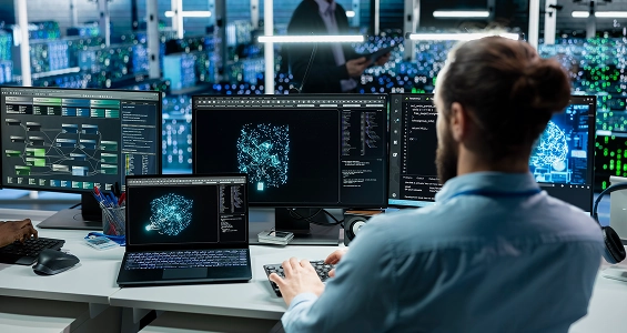 Programista pracujący nad modelem sztucznej inteligencji (AI) w firmie na wielu ekranach