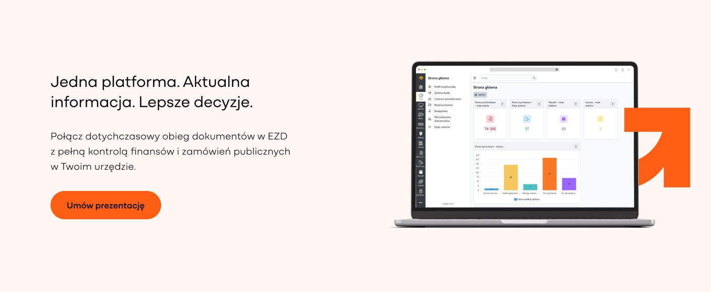 Interfejs platformy LOGITO pokazujący pulpit nawigacyjny z wykresami budżetu i raportami na laptopie